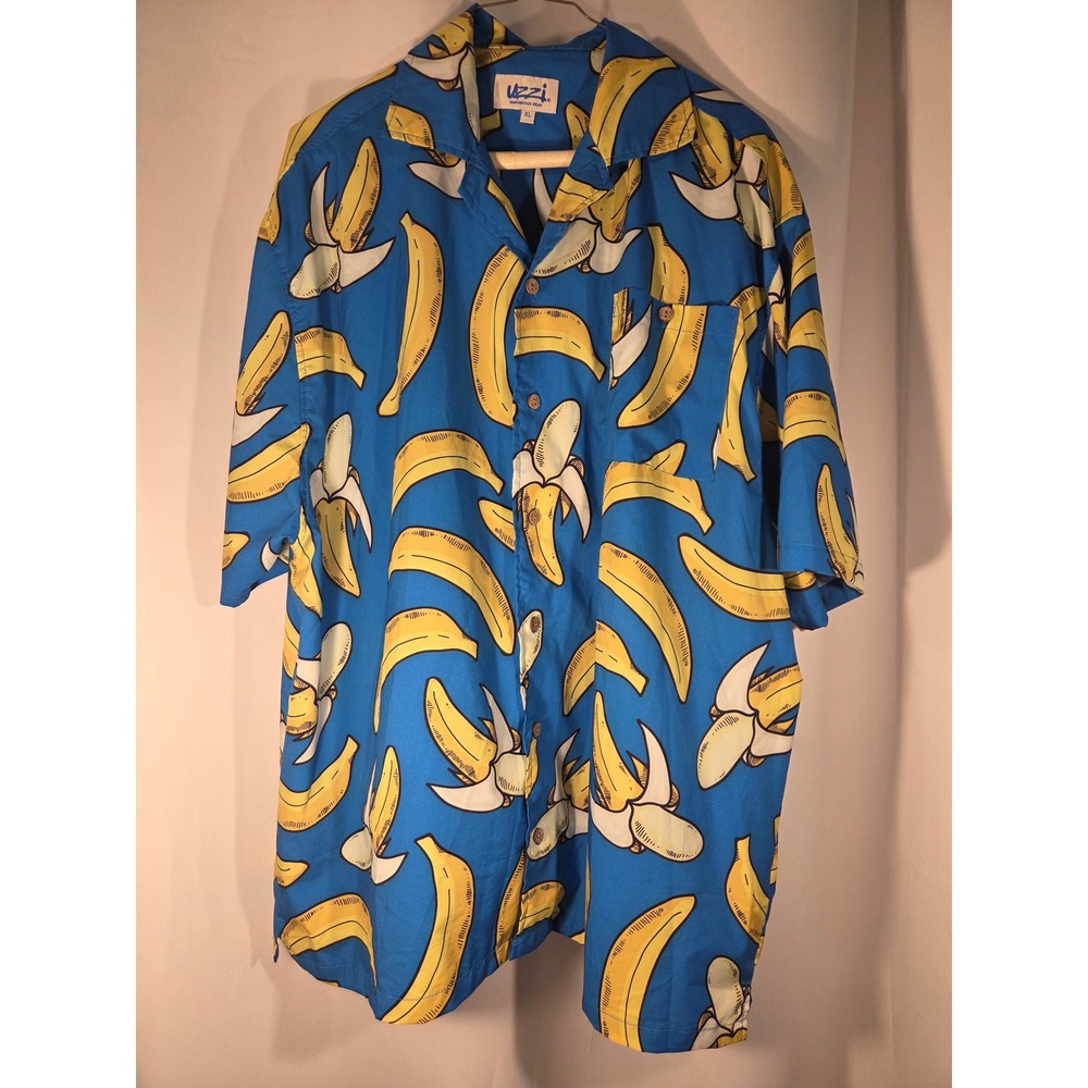 Uzzi Banana Print Shirt Mens XL Blue Excellent Short Sleeve Camp Button Down